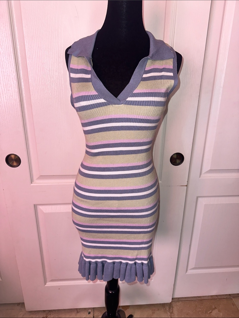HIPPIE ROSE RIBBED COLLARED RUFFLE Lilac Striped DRESS